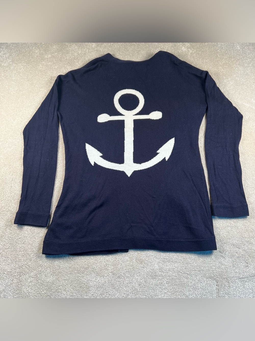 Talbots Cardigan Navy Blue Anchor Detail Open Front Cotton Cashmere Blend Small